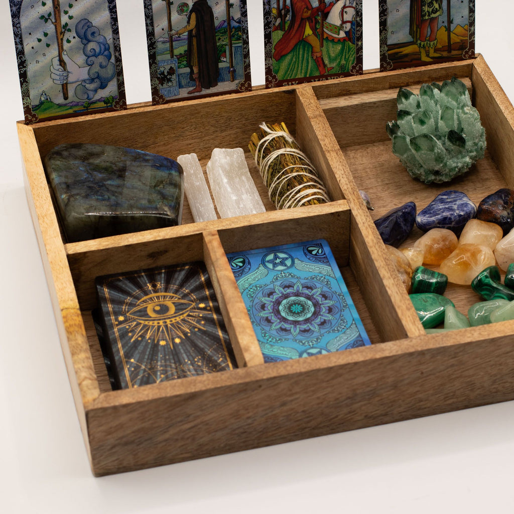 Caja de tarot de cuatro compartimentos con soporte para cartas