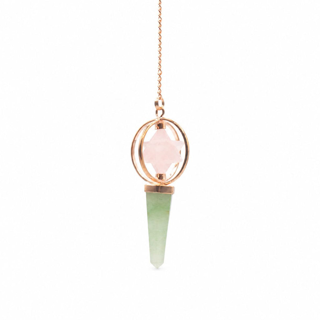 Brújula del Corazón - Estrella Merkaba giratoria de dos piezas en péndulo de cobre - cuarzo rosa y aventurina verde
