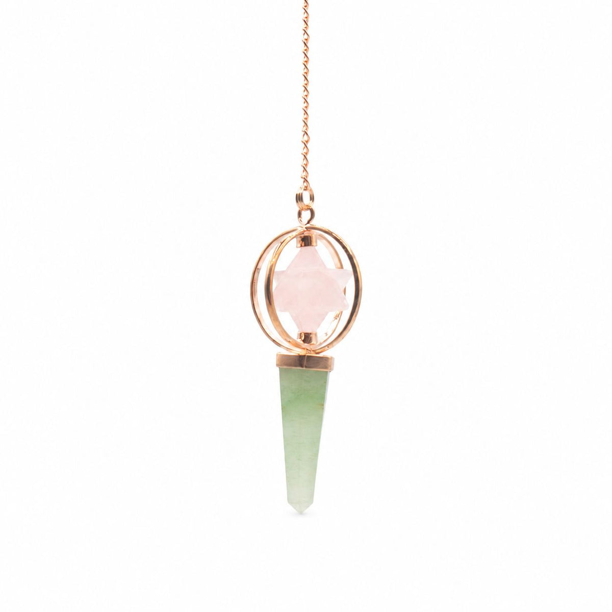 Brújula del Corazón - Estrella Merkaba giratoria de dos piezas en péndulo de cobre - cuarzo rosa y aventurina verde