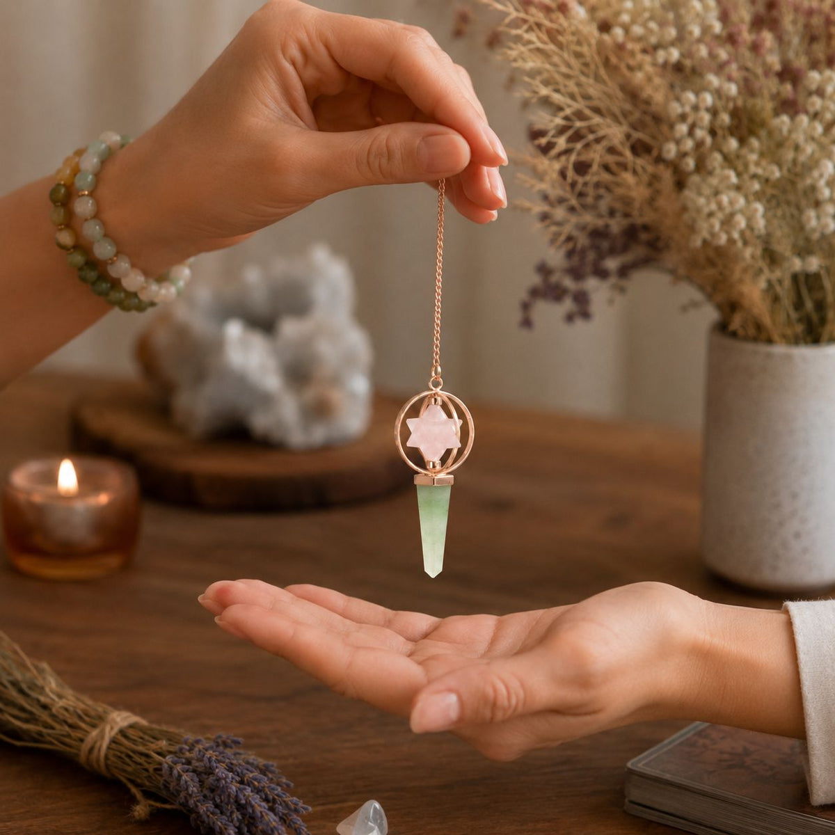 Brújula del Corazón - Estrella Merkaba giratoria de dos piezas en péndulo de cobre - cuarzo rosa y aventurina verde