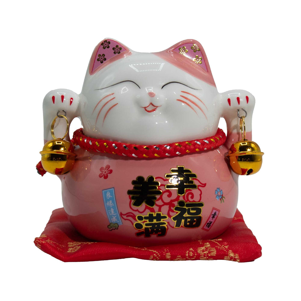 Hucha de cerámica en forma de gato de la suerte - rosa sobre cojín
