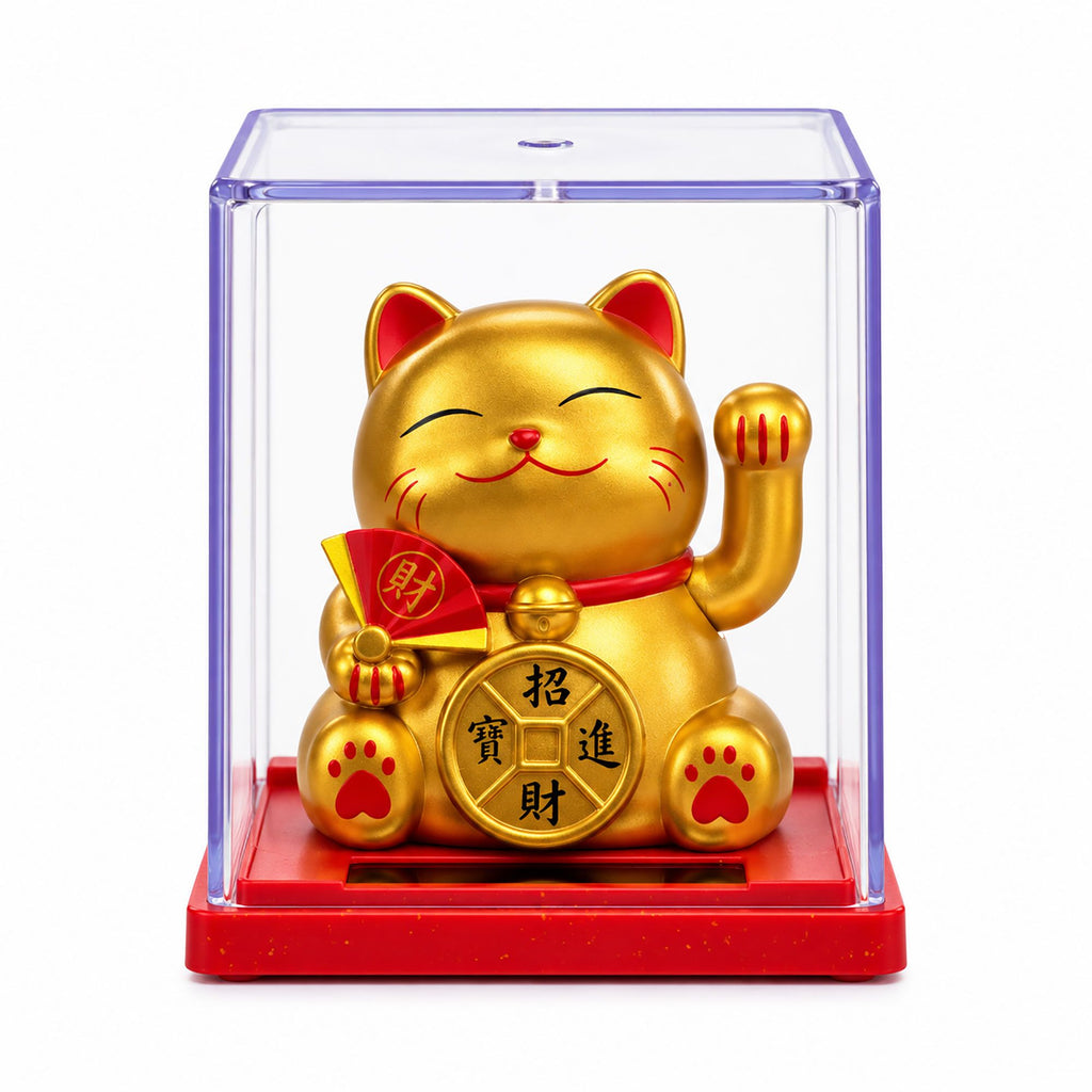 Mini gato de la fortuna con energía solar en una caja - Dorado
