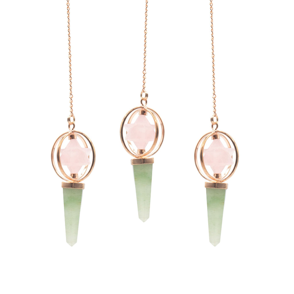 Brújula del Corazón - Estrella Merkaba giratoria de dos piezas en péndulo de cobre - cuarzo rosa y aventurina verde