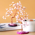 Árbol de piedras preciosas: Cuarzo rosa sobre base de ágata rosa (35 piedras)